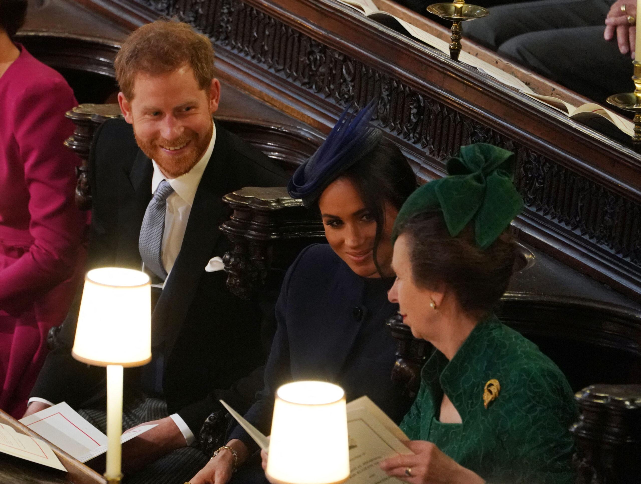 Prince Harry, Meghan Markle and Princess Anne at the wedding of Princess Eugenie and Jack Brooksbank at Windsor Cast