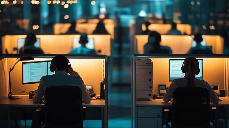Busy call center agents work late at computers.