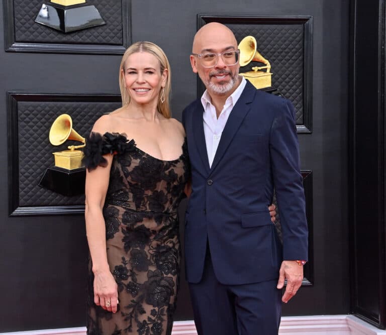 Chelsea Handler and Jo Koy arrive for the 64th annual Grammy Awards at the MGM Grand Garden Arena in Las Vegas, Nevada