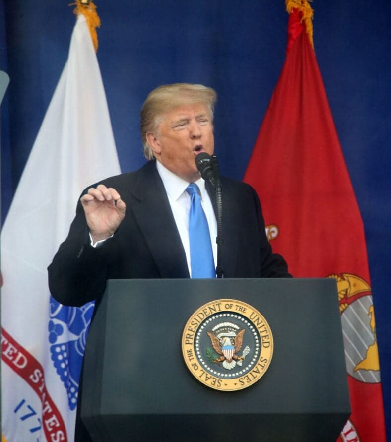 Donald Trump speaks at the Veterans Day parade at Madison Park