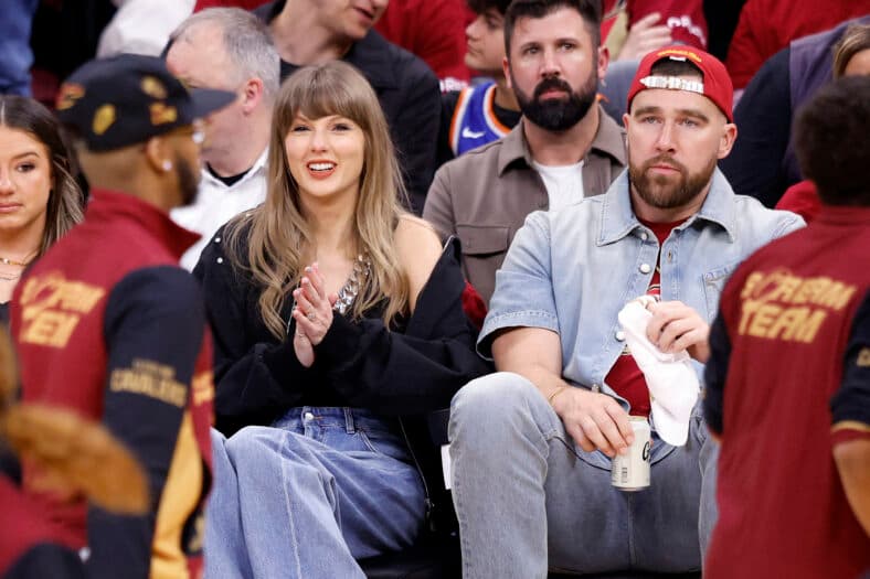 Taylor Swift and Travis Kelce attend The Knicks Game Against The Cavaliers in The Eastern Conference Finals Game 3